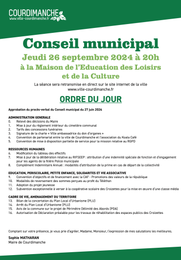 Ordre du jour du Conseil municipal du 26 septembre